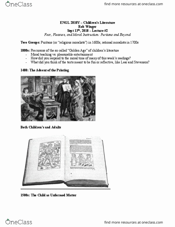 ENGL 2810Y Lecture Notes - Lecture 2: John Bunyan, The New England Primer, Chapmen thumbnail