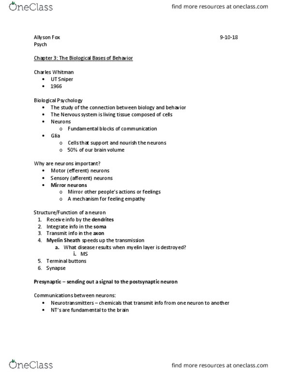 PSY 205 Lecture Notes - Lecture 3: Speech Production, Parietal Lobe, Mirror Neuron thumbnail