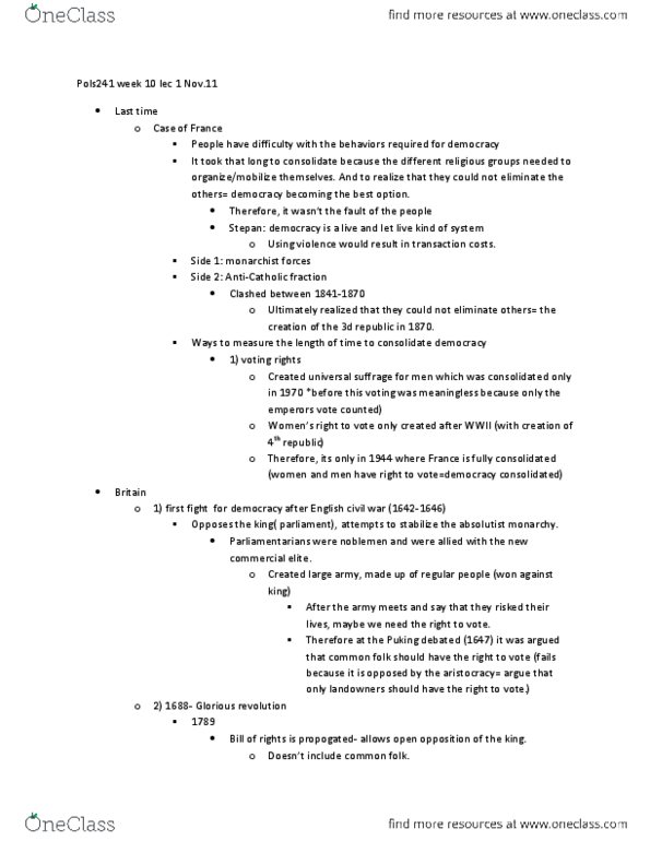 POLS 241 Lecture Notes - English Civil War, Absolute Monarchy, Bourgeoisie thumbnail