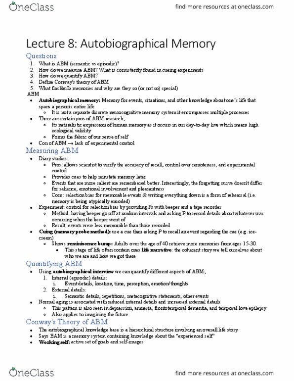 PSY372H1 Lecture Notes - Lecture 8: Frontotemporal Dementia, Neuropsychological Test, Flashbulb Memory thumbnail