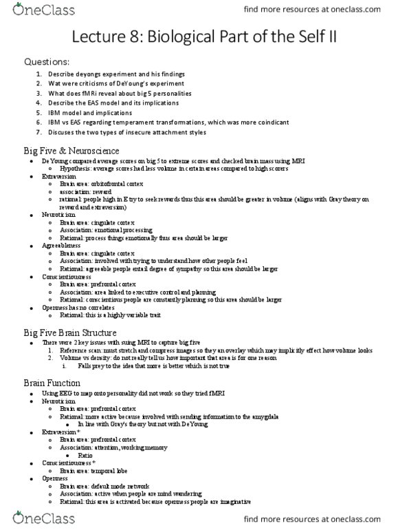 PSY230H1 Lecture Notes - Lecture 8: Orbitofrontal Cortex, Naturalistic Observation, Limbic System thumbnail