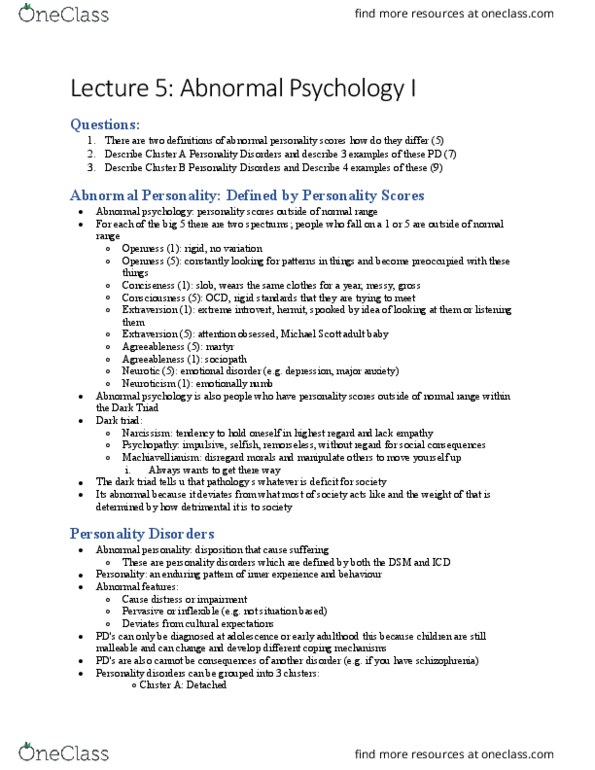 PSY230H1 Lecture Notes - Lecture 5: Personality Disorder, Narcissistic Personality Disorder, Extraversion And Introversion thumbnail