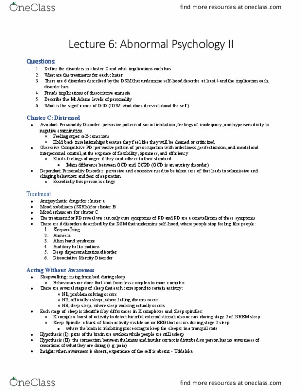 PSY230H1 Lecture Notes - Lecture 6: Cluster B Personality Disorders, Sleep Spindle, Depersonalization Disorder thumbnail