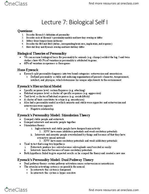 PSY230H1 Lecture Notes - Lecture 7: Jeffrey Alan Gray, Negative Relationship, Biopsychosocial Model thumbnail