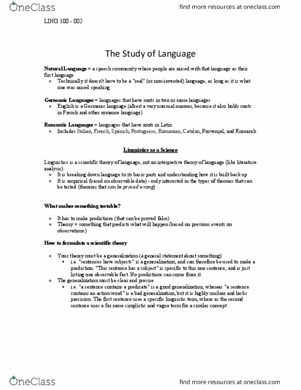LING 100 Lecture Notes - Lecture 1: Romance Languages, Speech Community, Germanic Languages thumbnail