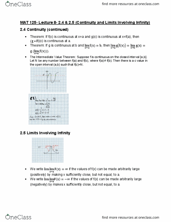 MAT 125 Lecture Notes - Lecture 8: Asymptote, Intermediate Value Theorem thumbnail