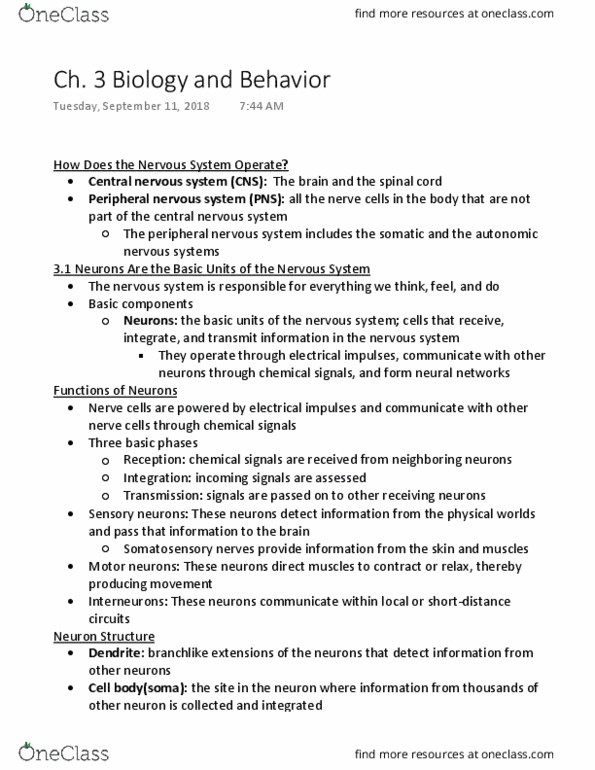 PSYC 2010 Lecture Notes - Lecture 3: Monoamine Neurotransmitter, Membrane Potential, Acetylcholine thumbnail