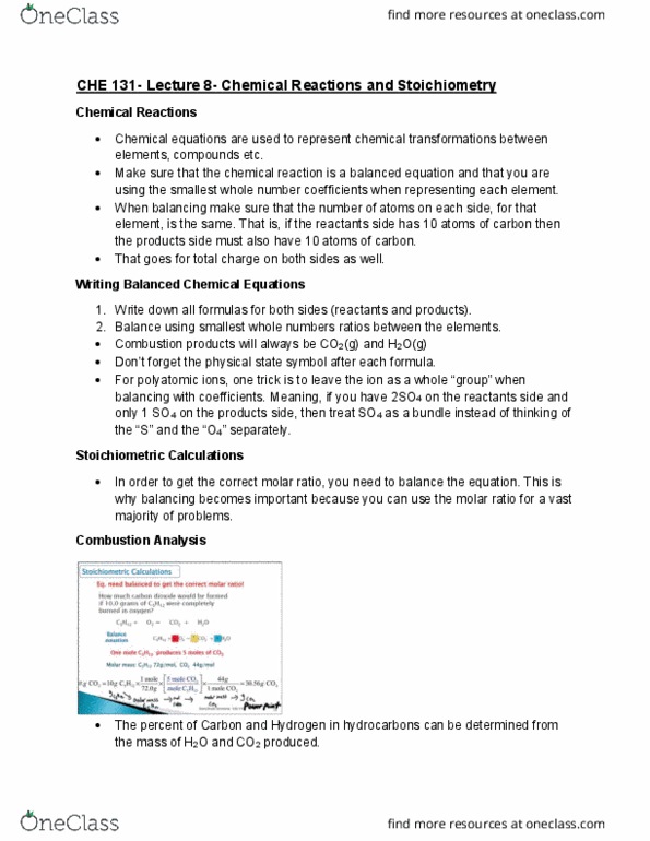 CHE 131 Lecture Notes - Lecture 8: Limiting Reagent, Chemical Equation, Stoichiometry thumbnail