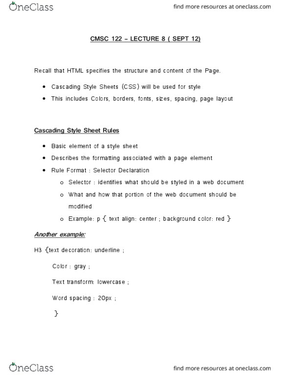 CMSC 122 Lecture Notes - Lecture 8: X11 Color Names, Web Page, Cascading Style Sheets cover image