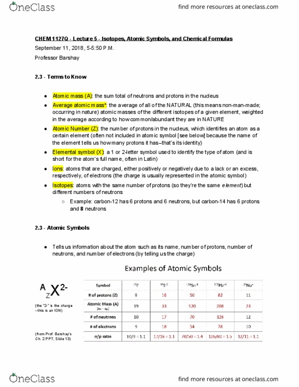 CHEM 1127Q Lecture Notes - Lecture 7: Unified Atomic Mass Unit, Atomic Number, Carbon-12 cover image
