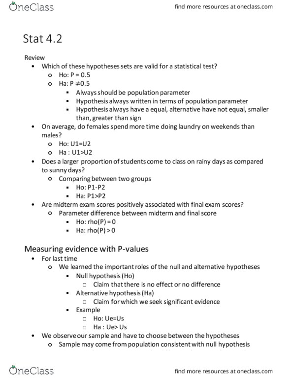 STAT 200 Lecture Notes - Lecture 5: Statistical Hypothesis Testing, Alternative Hypothesis, Dependent And Independent Variables thumbnail