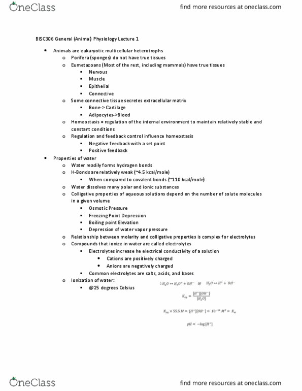 BISC306 Lecture Notes - Lecture 1: Negative Feedback, Cartilage, Electric Potential thumbnail