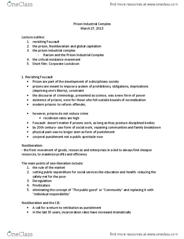 SOSC 1009 Lecture Notes - Critical Resistance, Neoliberalism, Class Discrimination thumbnail