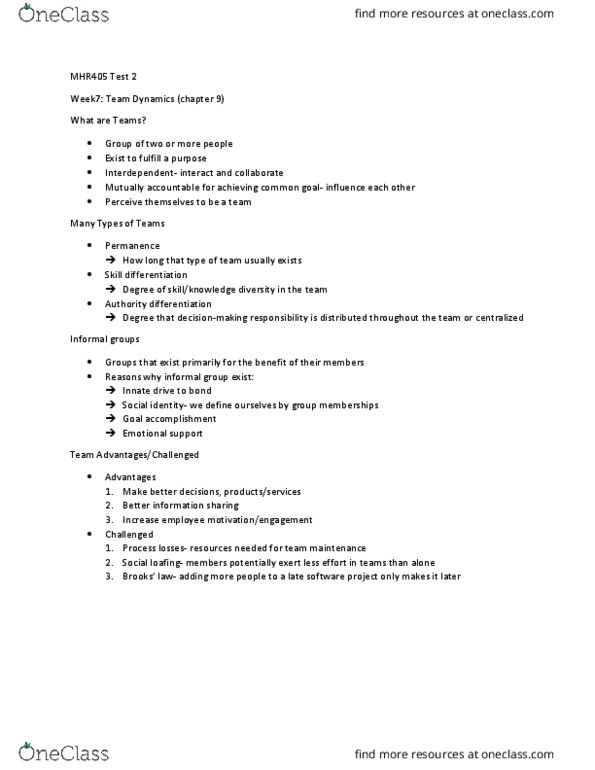 MHR 405 Lecture Notes - Lecture 7: Virtual Team, Brainstorming, Social Loafing thumbnail
