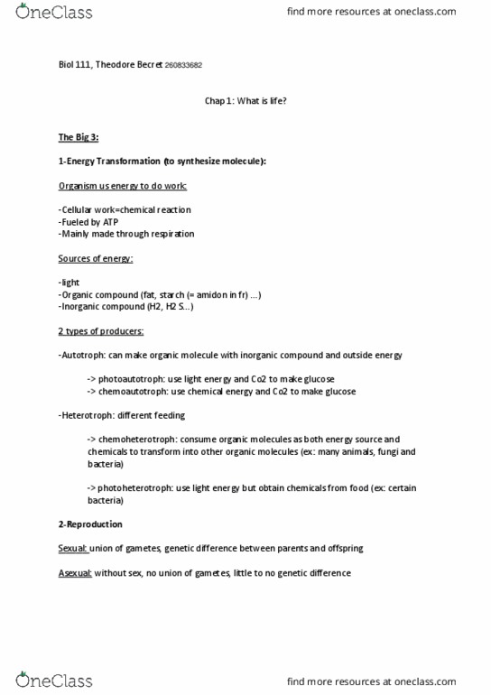 BIOL 111 Lecture Notes - Lecture 1: Phototroph, Organism, Starch thumbnail