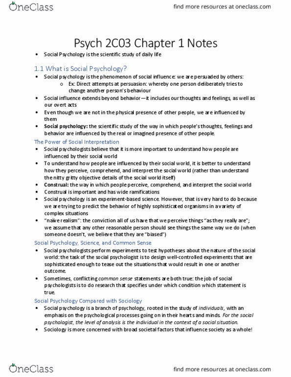 PSYCH 2C03 Chapter Notes - Chapter 1: Construals, Fundamental Attribution Error, Social Cognition thumbnail