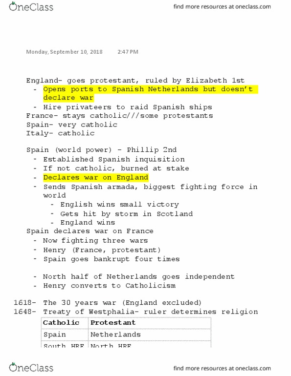 HIST 102 Lecture Notes - Lecture 5: Spanish Inquisition, Protestantism, Spanish Armada thumbnail