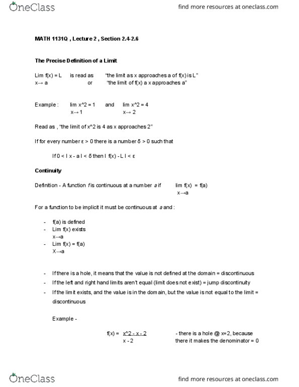 MATH 1131Q Lecture Notes - Lecture 2: Horse Length, Classification Of Discontinuities, Intermediate Value Theorem cover image