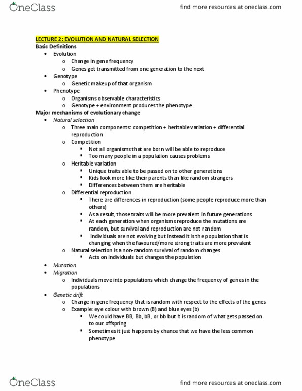 PSYC 3100 Lecture Notes - Lecture 2: Genetic Drift, Phenotype, Natural Selection thumbnail