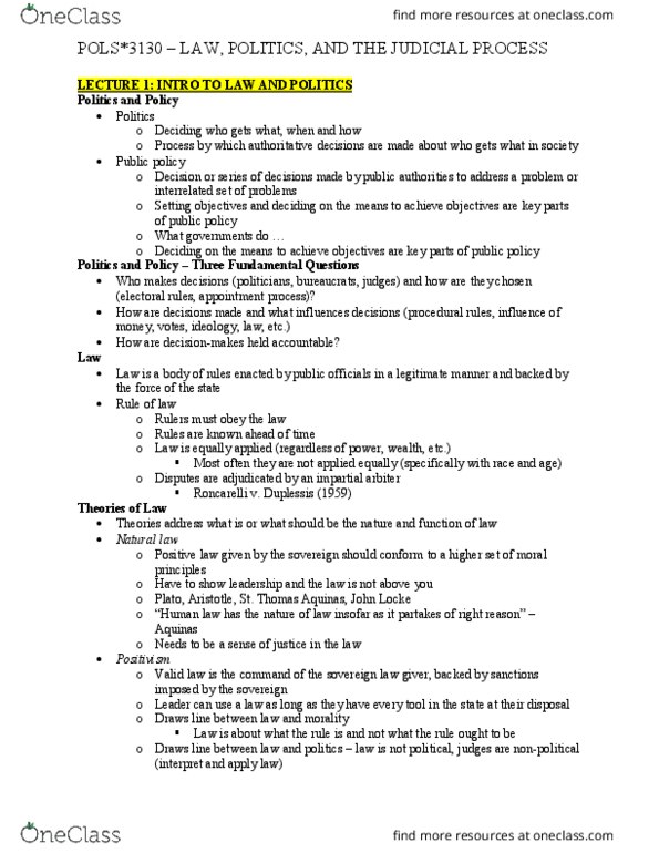 POLS 3130 Lecture Notes - Lecture 1: Constitution Of The United Kingdom, Critical Legal Studies, Canada Act 1982 thumbnail