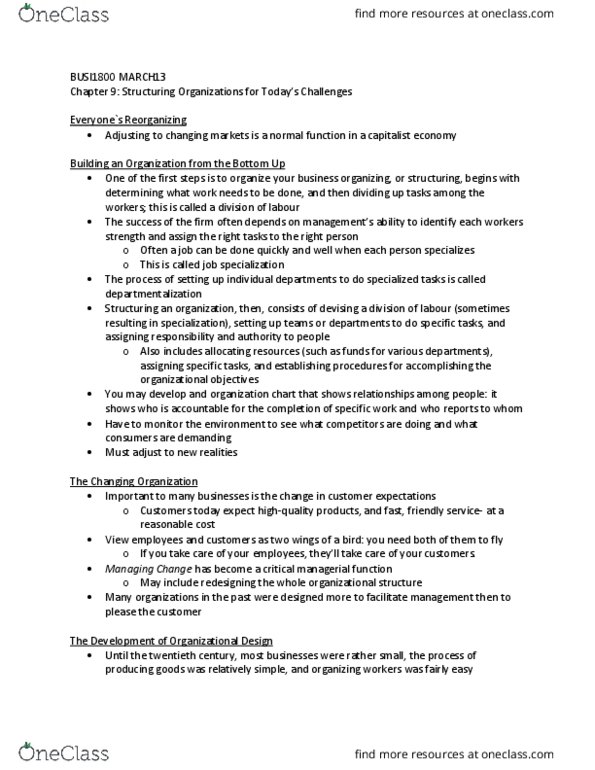 BUSI 1800 Chapter Notes - Chapter 9: Harvard Business Review, Outsourcing, Flat Organization thumbnail