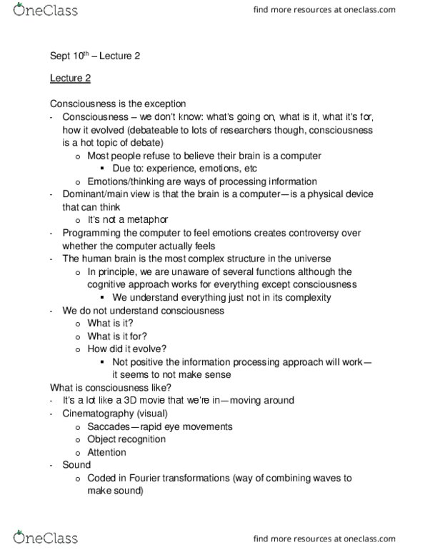 PSYC 2700 Lecture Notes - Lecture 2: Outline Of Object Recognition, Epiphenomenon, David Chalmers thumbnail