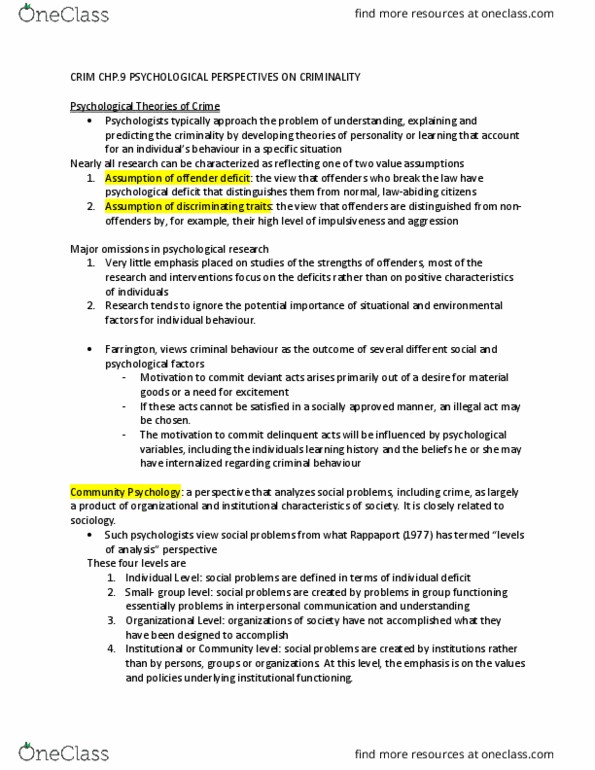 CRCJ 1000 Chapter Notes - Chapter 9: Psychopathy Checklist, Antisocial Personality Disorder, Research On The Effects Of Violence In Mass Media thumbnail