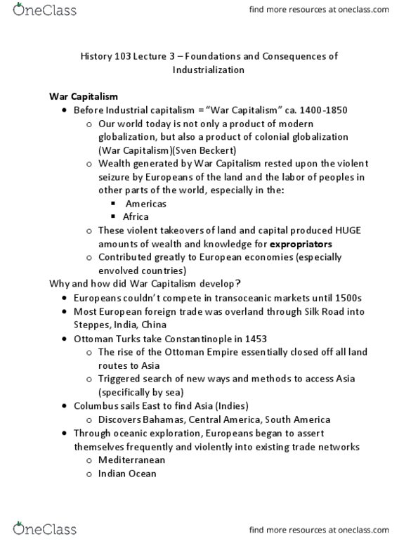 HIST 103 Lecture 3: History 103 Lecture 3 - War Capitalism & Industry thumbnail