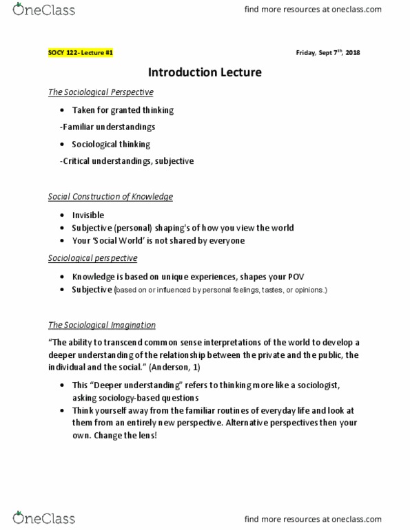 SOCY 122 Lecture Notes - Lecture 1: Deeper Understanding, The Sociological Imagination cover image