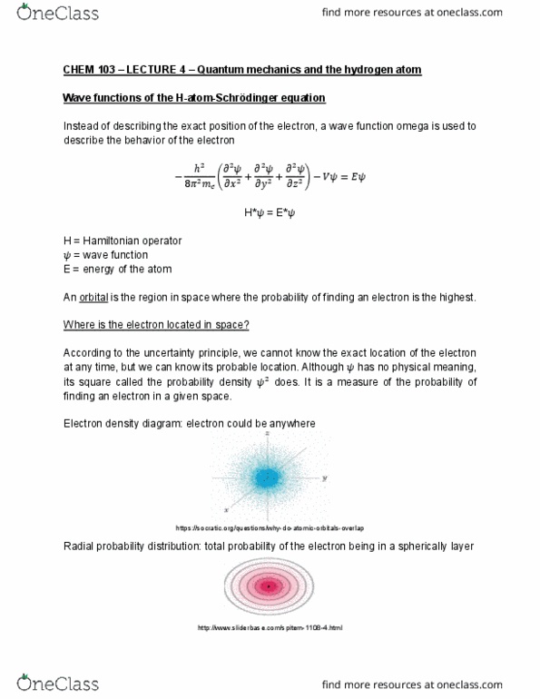 CHEM103 Lecture Notes - Lecture 4: Quantum Mechanics, Electron Density, Angular Momentum cover image