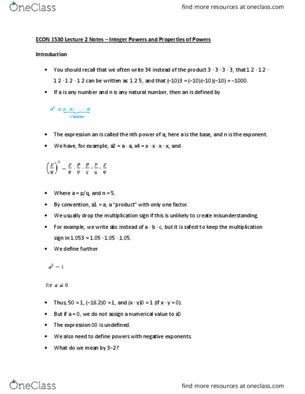 ECON 1530 Lecture Notes - Lecture 2: Elementary Algebra, Multiplication Sign, Natural Number cover image