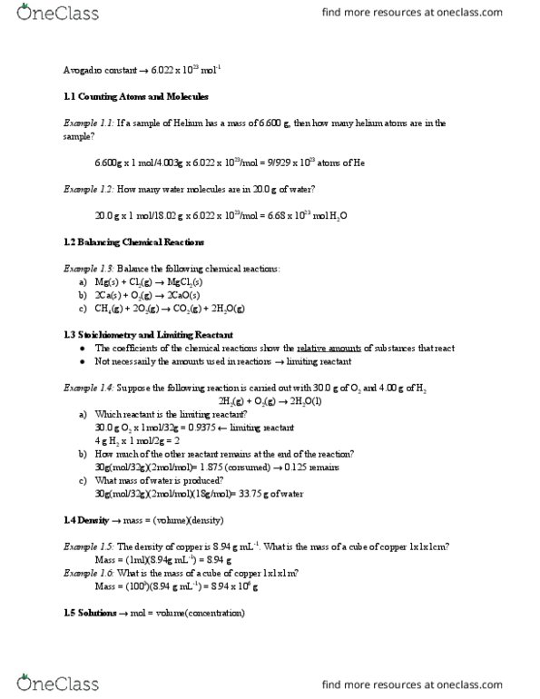 CHEM 1E03 Chapter Notes - Chapter 1: Stoichiometry, Avogadro Constant, Sodium Chloride thumbnail