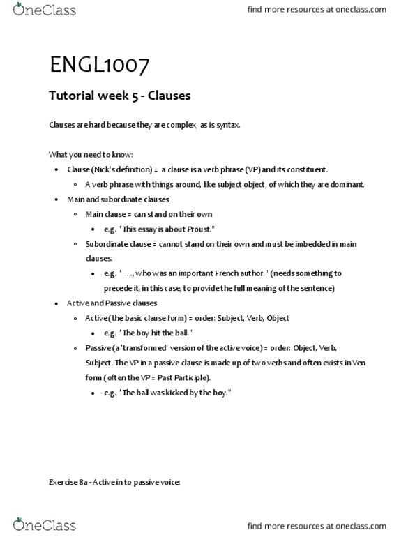 ENGL1007 Lecture Notes - Lecture 8: Participle, Samuel Pepys, Dependent Clause thumbnail