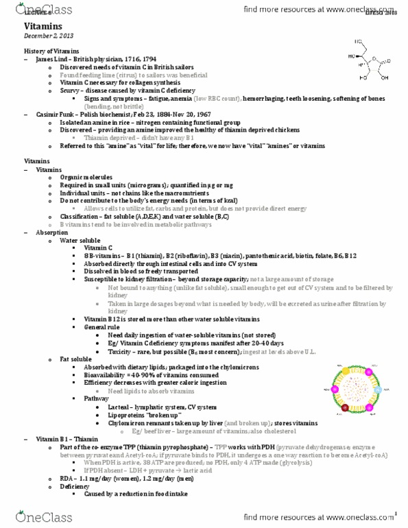 BIOCHEM 2B03 Lecture : Updated December 2, 4 - Vitamins - Lecture Notes - LIFESCI 2N03 thumbnail