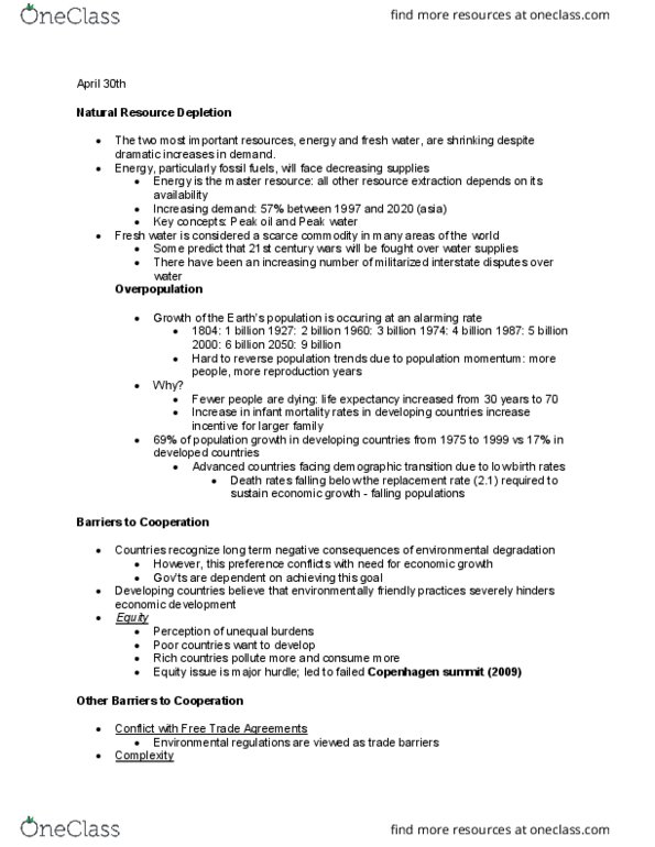 PSC 116G Lecture Notes - Lecture 12: Montreal Protocol, Infant Mortality, Peak Water thumbnail