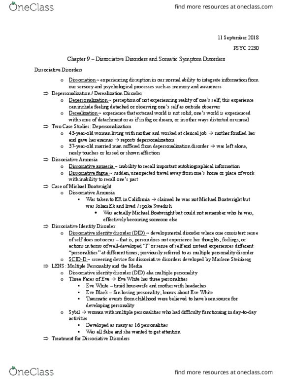 PSYC 2230 Chapter Notes - Chapter 9: Psychogenic Amnesia, Dsm-5, Dissociative Disorder thumbnail