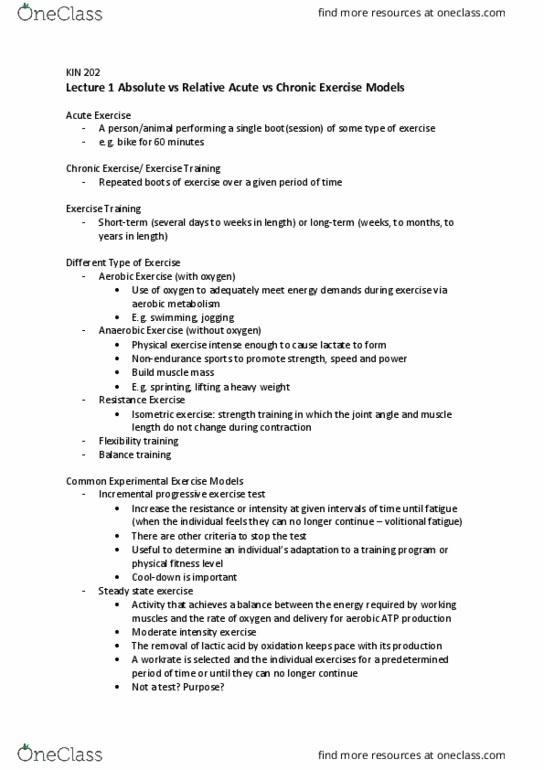 KIN202 Lecture Notes - Lecture 1: Isometric Exercise, Cellular Respiration, Physical Exercise thumbnail