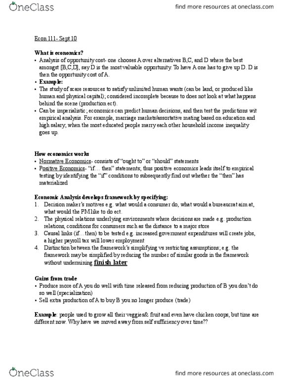 ECON 111 Lecture Notes - Lecture 1: Opportunity Cost thumbnail