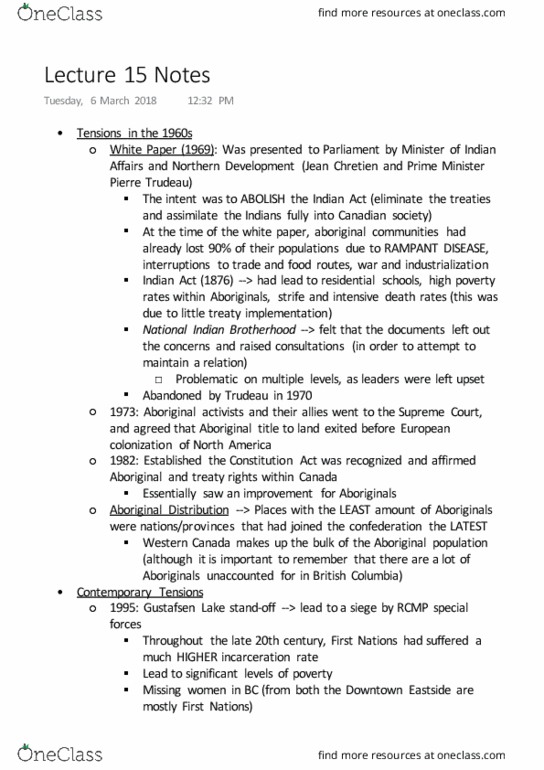 GEOG 328 Lecture Notes - Lecture 15: Aboriginal Title, Gustafsen Lake Standoff, Indian Act thumbnail