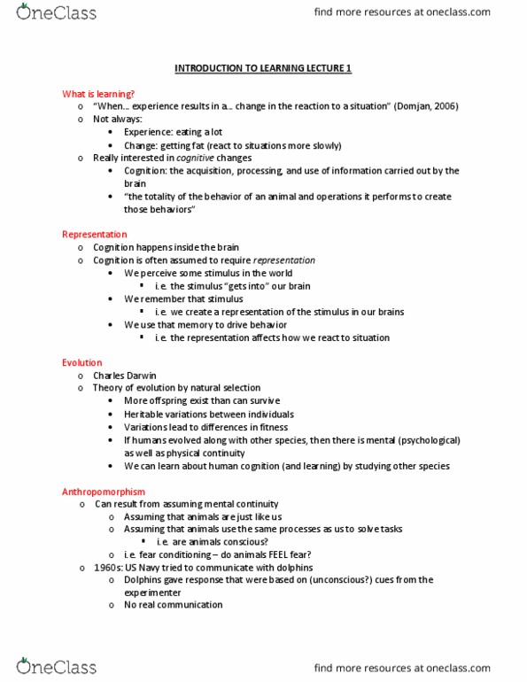 PS261 Lecture Notes - Lecture 1: George Romanes, Animal Cognition, Learning thumbnail