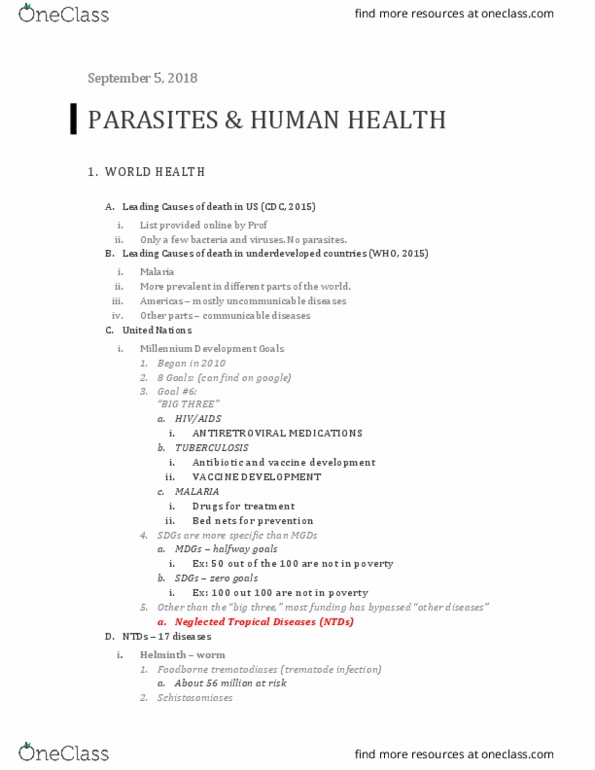 01:146:328 Lecture Notes - Lecture 1: Lymphatic Filariasis, Toxoplasmosis, Leishmaniasis thumbnail