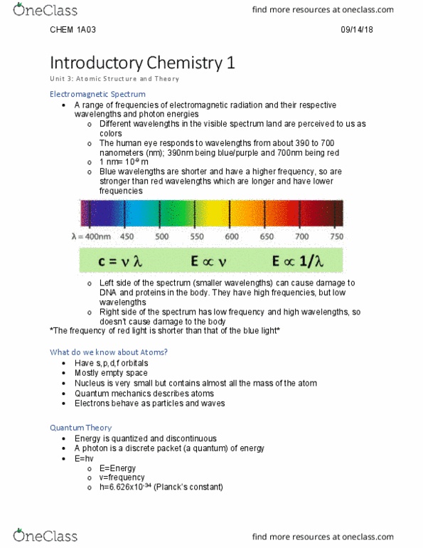 CHEM 1A03 Lecture Notes - Lecture 4: Photon, Threshold Energy, Quantum Mechanics thumbnail