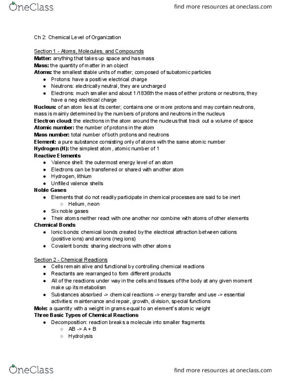 KAAP220 Chapter Notes - Chapter 2: Mass Number, Glycogen, Catabolism thumbnail