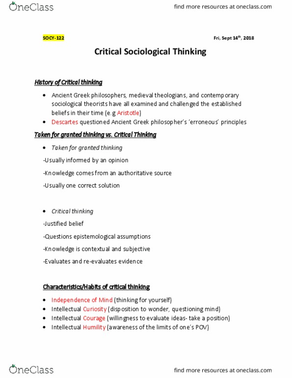SOCY 122 Lecture Notes - Lecture 3: Critical Thinking thumbnail