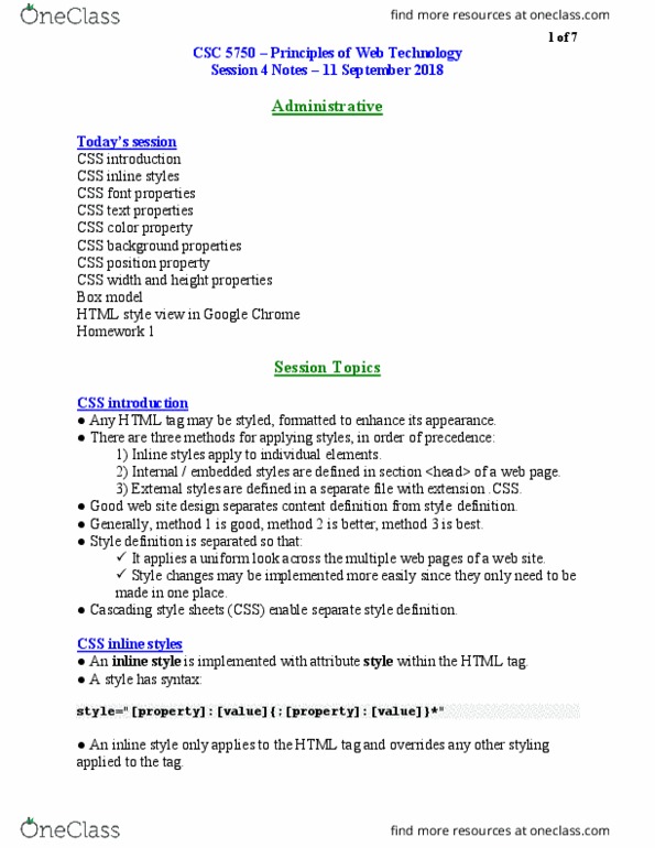 CSC 5750 Lecture Notes - Lecture 4: Rgba Color Space, Html Element, Cascading Style Sheets thumbnail