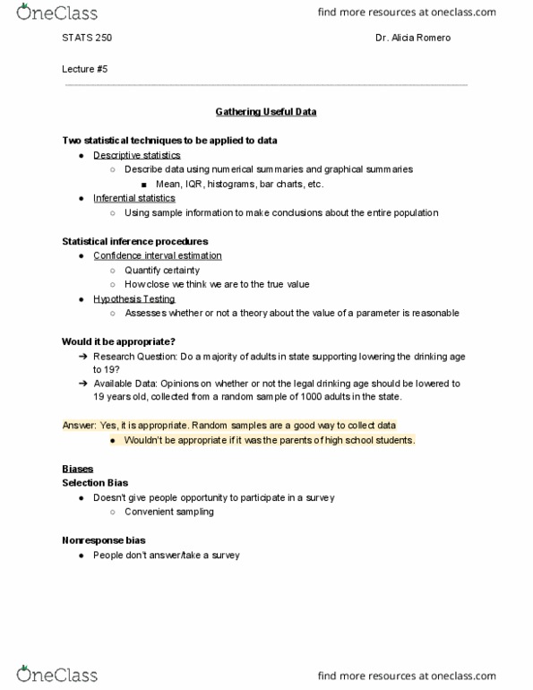 STATS 250 Lecture Notes - Lecture 5: Descriptive Statistics, Confidence Interval, Hawthorne Effect thumbnail