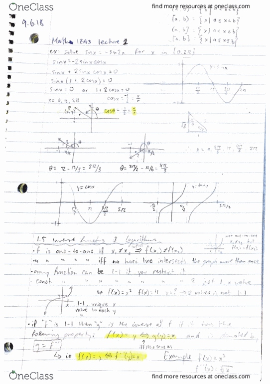 MATH 1ZA3 Lecture 2: MATH 1ZA3 lecture 2 - Appendix D (trigonometry), 1.5 (inverse functions and logarithms) thumbnail