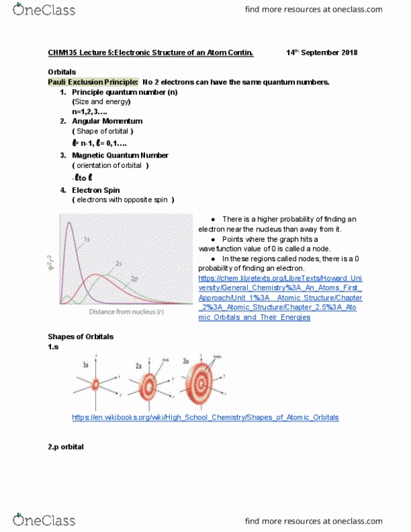 CHM135H1 Lecture Notes - Lecture 5: Pauli Exclusion Principle, Atom, Aufbau Principle cover image