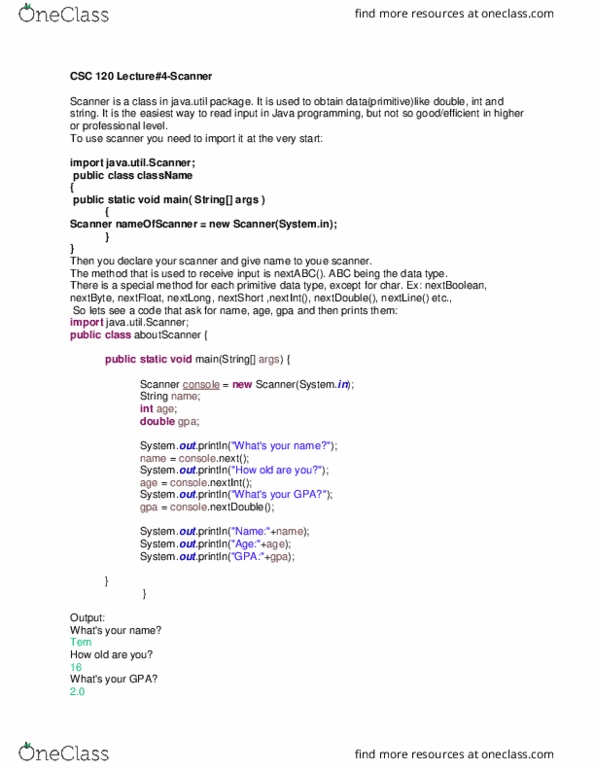 CSC 120 Lecture Notes - Lecture 4: Delimiter, Primitive Data Type thumbnail