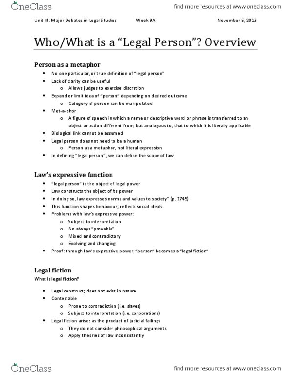 LS101 Lecture Notes - Legal Fiction, Legal Personality, Nonperson thumbnail